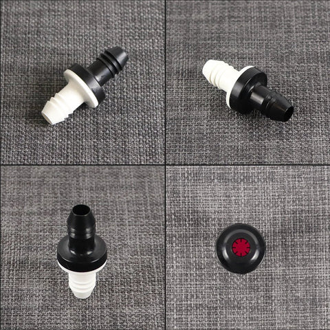 BBTUS inline vacuum barbed check valve, 3/8 in barb, white barb, black body, front view
BBTUS inline vacuum barbed check valve, 3/8 in barb, white barb, black body, side view
BBTUS inline vacuum check valve close-up, black housing with white barb end
BBTUS inline vacuum check valve top view, black cap with red diaphragm insert