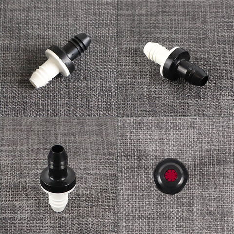 Four views of Three Eighth Inch Inline Vacuum Barbed Check Valve One Way Breather For Fuel Gas Liquid Air, 10mm, ABS shell, silicone diaphragm