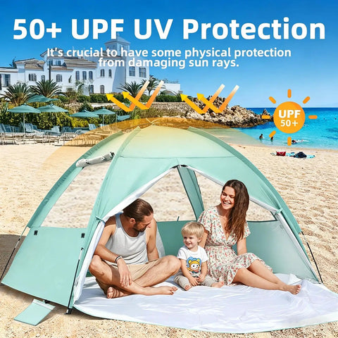 Ultra Spacious Beach Tent For 3 To 4 People With Easy Setup, UPF 50 Plus UV Protection, family enjoying shade at beach