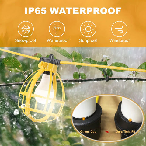 Rugged 100 Ft Construction String Lights With 11 Bulbs, IP65 waterproof, showing tight fit bulb casing in rainy conditions.
