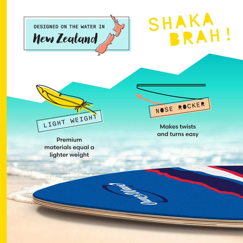 Image highlighting Claw Strike Skimboard 40 Inch Blue Dope Wave Rider features like lightweight design and nose rocker on a sandy beach.