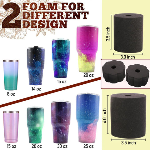 Cup Turner Kit With Epoxy Resin For Beginners showing foams for 8-25 oz tumblers, multicolor designs, and foam dimensions.