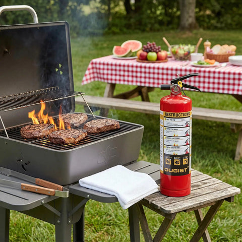ABC Fire Extinguisher 2.5lb Portable Ready To Roll Home Kitchen Garage Vehicle Safety Kit For Truck Car And Boat Red on picnic table next to BBQ grill.