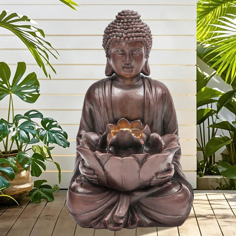 Chill Zen Buddha Outdoor Water Fountain 19 Inch Handcrafted Statue Water Feature With Soothing Waterfalls And Lights