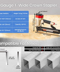 Heavy Duty 16 Gauge 1 Inch Wide Crown Pneumatic Stapler For Roofing And Lathing With Tool Free Jam Release And Visible Magazine Accepts Five Eighths To One And A Half Inch PW2638 L Staples shown with compatible fasteners and specifications