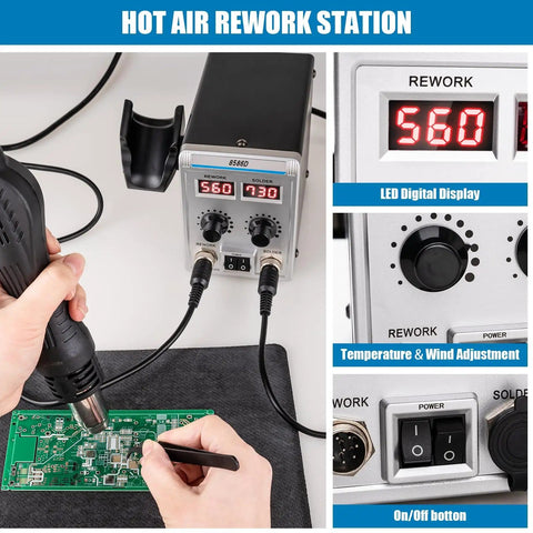 2 In 1 Soldering Station With SMD Hot Air Rework, LED Dual Digital Display, Heat Gun And Solder Iron Kit, precise settings in use