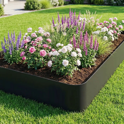 No Dig Landscape Edging Kit 3 Inch Tall 40 Feet Black Border System with flowers showcasing clean garden edges