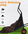Folding Garden Cart Wheelbarrow With Large Capacity For Yard Work And Dump Feature in action with soil, 13 inch wheels