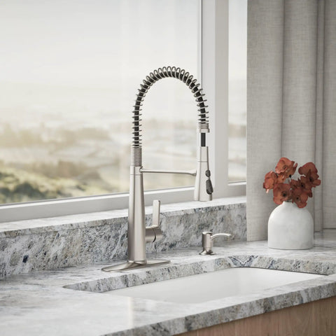 Slick Stainless Steel Kitchen Sink Faucet With Built In Soap Dispenser And Heavy Duty Pull Down Sprayer in modern kitchen setting.