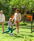 Backyard Kids Soccer Goal Set for Training and Fun Two Pack 6 by 4 Feet or 4 by 3 Feet pop up soccer net in use