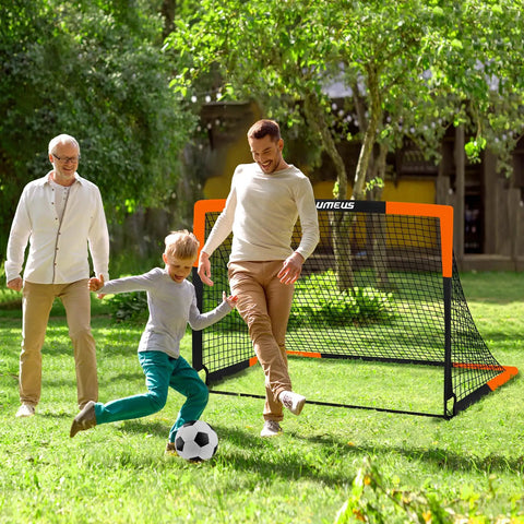 Backyard Kids Soccer Goal Set for Training and Fun Two Pack 6 by 4 Feet or 4 by 3 Feet pop up soccer net in use