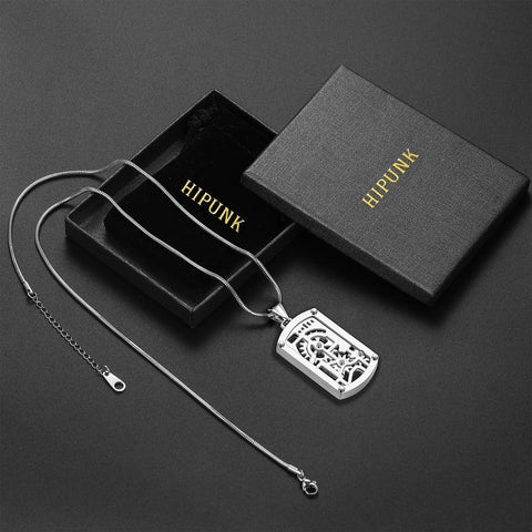 Steampunk Gear Dog Tag Necklace With Rotating Mechanical Pendant In Stainless Steel on adjustable 22-24 inch snake chain with box.