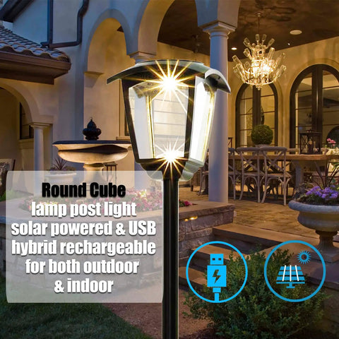 Outdoor Lamp Post Light 68 Inch Tall Waterproof Solar Powered 100 Lumen Pathway Garden Lawn Patio Porch Backyard Driveway USB Rechargeable With Warm White And Cool White illuminating a patio.