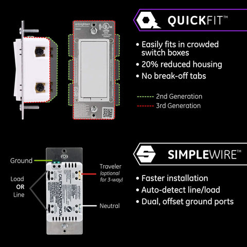 Zigbee In Wall Paddle Dimmer With QuickFit And SimpleWire, white almond, QuickFit details, front and back view, supports 3-way wiring