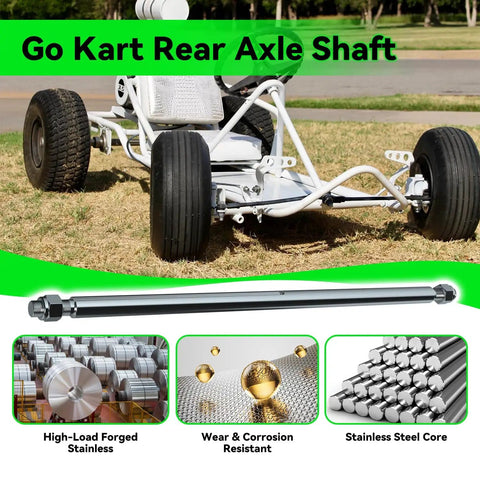 36 Inch Rear Axle Shaft Kit For Go Karts And Off Road Vehicles With One Quarter Inch Keyway And Three Quarter Inch To Sixteen Fine Thread Universal Fit For Manco Murray Yerf Dog And Similar Go Karts ATVs Dune Buggies Beefed Up, shown on assembled go kart.