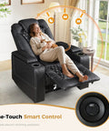 Woman relaxing in Power Recliner Chair With USB Ports And Cup Holders For Home Theater Vibes And Cozy Movie Nights In Overstuffed PU Leather