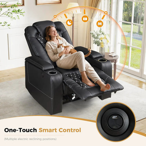 Woman relaxing in Power Recliner Chair With USB Ports And Cup Holders For Home Theater Vibes And Cozy Movie Nights In Overstuffed PU Leather