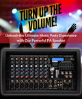 8 Channel 4500W Digital DJ Mixer With Built In Amplifier shown on stage with LED lights and audience