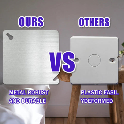 Comparison of Beefy 4 Inch Metal Electrical Box Cover Plate and plastic cover, highlighting durability of steel construction.