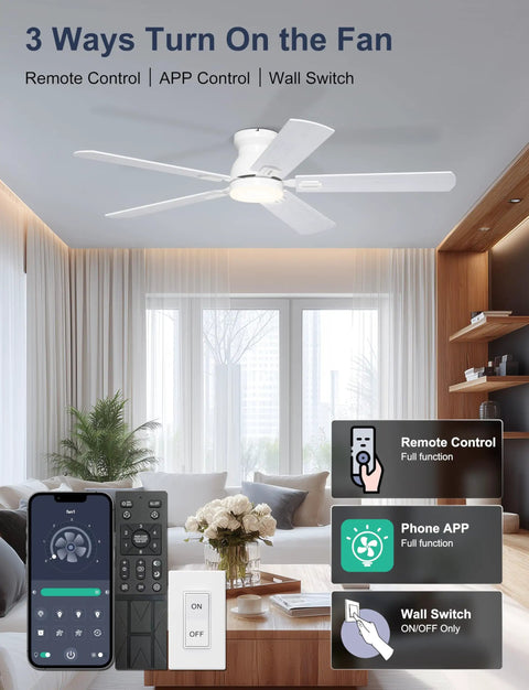 52 Inch Low Profile Ceiling Fan With Light For Low Ceilings White Flush Mount Quiet DC Motor No Fuss App Control And Remote Modern