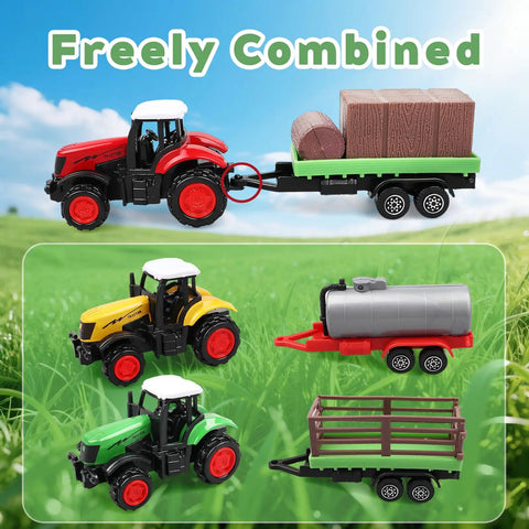 3 Pack Farm Tractor Toys With Trailers Diecast Alloy Tractors And Trucks For Kids featuring colorful detachable trailers on grass.