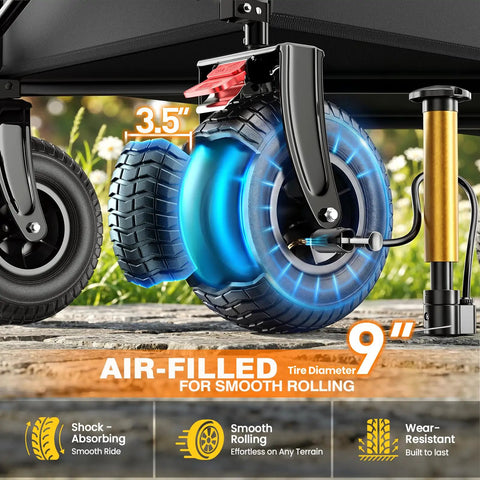 Beach Day Ready Cart With 9x3.5in Inflatable Wheels For Sand tire close-up showing air pump