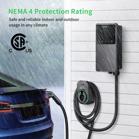 Smart Level 2 EV Charger Up To 50 Amp 240 Volt Indoor Outdoor Car Charging Station With J1772 Connector in rain