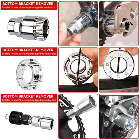 All In One Bike Repair Gear Kit For Mountain Bikes 9 Piece Set showing bottom bracket remover tools in use