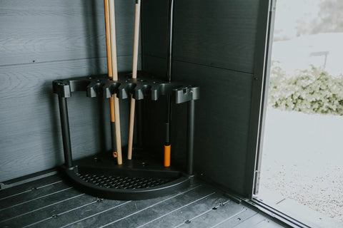 Compact Corner Tool Rack For Maximum Garden Tool Storage And Organization Holds Up To 25 Long Handled Tools Like Rakes Shovels