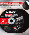 EZARC Metal Expert 3-inch cut-off wheel, 1/16 in thick, 3/8 in bore, 25-pack for metal and stainless (front view)