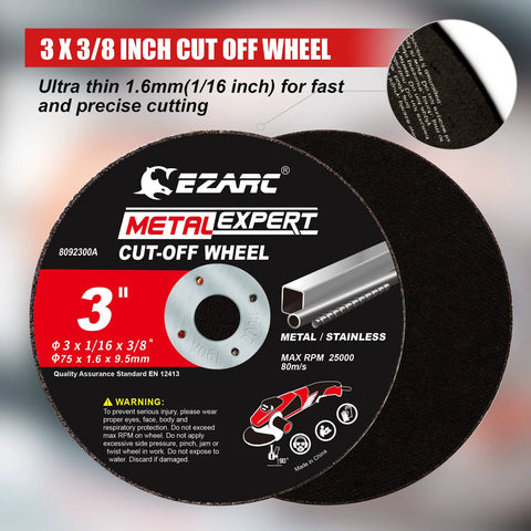 EZARC Metal Expert 3-inch cut-off wheel, 1/16 in thick, 3/8 in bore, 25-pack for metal and stainless (front view)