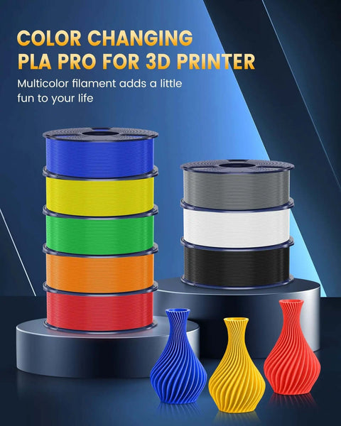 Spools of colored PLA Pro filament for 3D printer with sample printed vases in blue, yellow, and red.