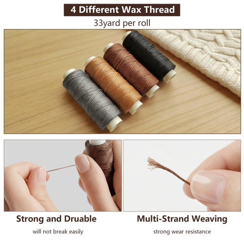 Four spools of waxed thread for All In One Leather Repair Kit With Waxed Thread And Heavy Duty Tools, shown in different colors and textures.