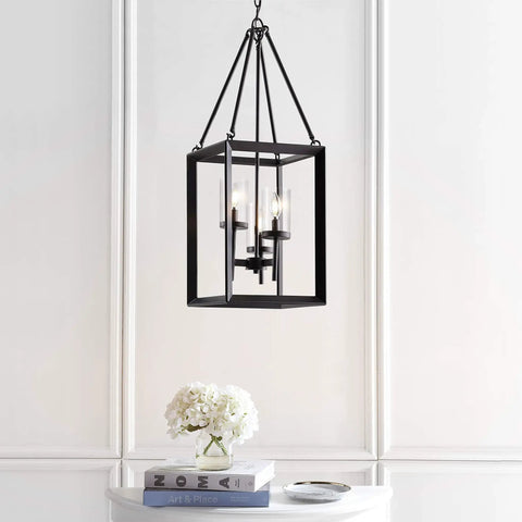 Oil Rubbed Bronze 12 Inch 3 Light Lantern Pendant LED Ceiling Light for Foyer Kitchen Island and Entryway with Clear Glass Shade Traditional Metal Fixture ETL Listed hanging above white table with books and flowers