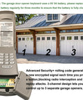 Universal Garage Door Opener Keypad For Most Brands With Plug And Play Easy Install And Quick Setup And Reliable Code Entry Durable Weatherproof Build Works With Garage Openers From 1993 To Today 10 Year Warranty shown with battery compartment open