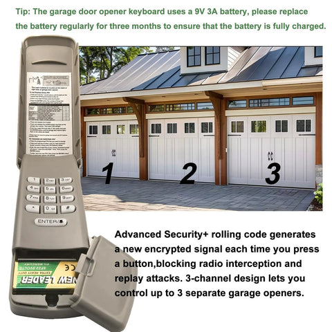Universal Garage Door Opener Keypad For Most Brands With Plug And Play Easy Install And Quick Setup And Reliable Code Entry Durable Weatherproof Build Works With Garage Openers From 1993 To Today 10 Year Warranty shown with battery compartment open