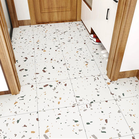 Waterproof Peel And Stick Terrazzo Floor Tiles 20 Pack 12X12 Inch Vinyl Flooring for bathroom with white marble terrazzo look