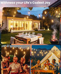 Outdoor String Lights 100 Ft Patio Lighting With 52 LED Edison Bulbs over patio, party, and tent settings at night.