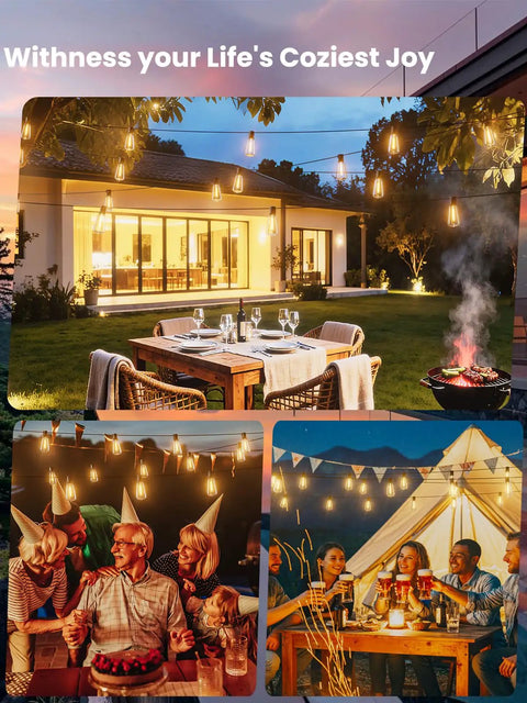 Outdoor String Lights 100 Ft Patio Lighting With 52 LED Edison Bulbs over patio, party, and tent settings at night.