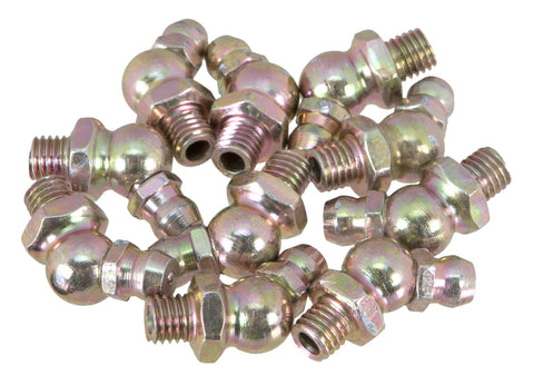 Pack Of Ten One Quarter Inch By Twenty Eight Inch Forty Five Degree Grease Fittings, durable metal construction, threaded fittings