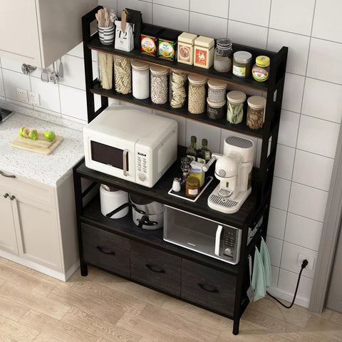 Hella Sturdy Five Tier Kitchen Bakers Rack With Built In Power Outlets And Usb Charging Ports, Industrial Metal Storage Shelf With Baskets And Hooks A Serious Game Changer For Countertop Setup Black