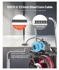 Rock Solid 100 Ft Drain Cleaner Machine 8 Cutter Sewer Snake Auger steel cable illustration navigating through curved pipes.