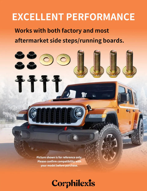 Heavy-Duty Side Step Bolts Kit For Jeep Wrangler JK JL 4-Door 2007-2025 Bolt-On Hardware With Nuts And Washers For Off-Road Upgrades Includes Rotatable Washer Nuts And All Required Fasteners on Jeep