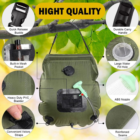 Solar Shower Bag 5 Gal 20L For Camping And Beach Trips, Heats Water To 113 Fahrenheit In 3 Hours With Direct Sun, Portable Outdoor Shower With Removable Hose And On Off Switchable Head featuring details such as quick release buckle, built-in mesh pocket, durable carry handle, large water fill hole, heavy-duty PVC bladder, convenient velcro straps, ABS nozzle and reinforced seams against leafy background.