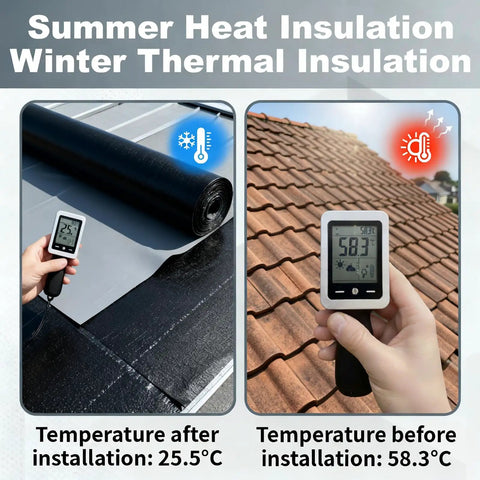 Rock Solid Self Adhesive Rubber Roofing Membrane Roll 39 By 164 Feet Waterproof Leak Tape Blocks Leaks Fast For Metal Shingle Porch Roofs Black Zero Fuss showing temperature readings before and after installation.