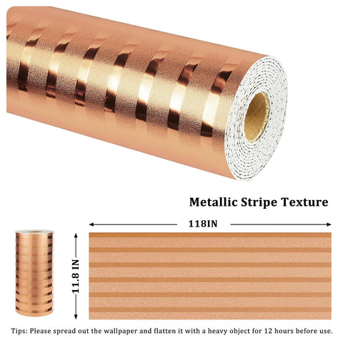 Ridiculously Sleek Rose Gold Metallic Peel And Stick Wall Panels Shimmer Stripe Removable Foam on a roll showing texture and dimensions.