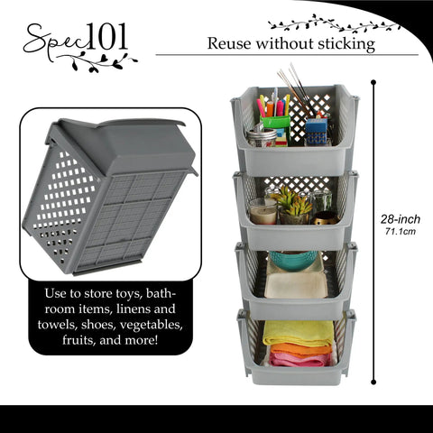 Stackable Plastic Storage Bins 4 Piece Gray Set For Home And Kitchen Open Front Design showing organized items and dimensions