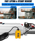 Dual Acting 12V Hydraulic Power Unit With Plastic Reservoir For Dump Truck And Trailer Hydraulic Systems Electric Pump Delivers 2900 PSI Lift With 3200 PSI Relief 6 Quart Capacity, shown with control unit and cables, front view.
