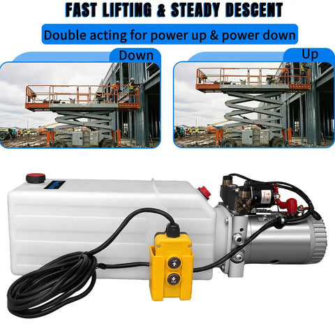 Dual Acting 12V Hydraulic Power Unit With Plastic Reservoir For Dump Truck And Trailer Hydraulic Systems Electric Pump Delivers 2900 PSI Lift With 3200 PSI Relief 6 Quart Capacity, shown with control unit and cables, front view.