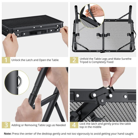 Instructions for assembling Folding Grill Table For Camping And BBQ, Aluminum Outdoor Table With Adjustable Height Up To 27.5 Inches, Black.